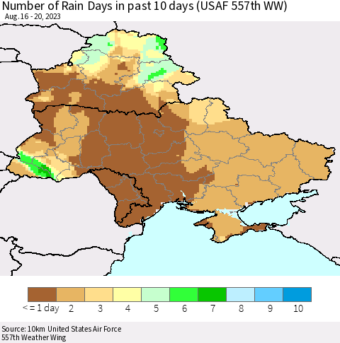 Ukraine, Moldova and Belarus Number of Rain Days in past 10 days (USAF 557th WW) Thematic Map For 8/16/2023 - 8/20/2023