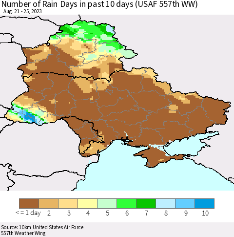 Ukraine, Moldova and Belarus Number of Rain Days in past 10 days (USAF 557th WW) Thematic Map For 8/21/2023 - 8/25/2023