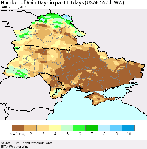 Ukraine, Moldova and Belarus Number of Rain Days in past 10 days (USAF 557th WW) Thematic Map For 8/26/2023 - 8/31/2023