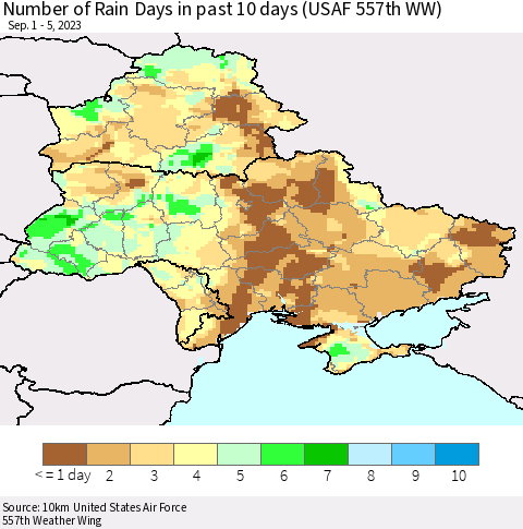 Ukraine, Moldova and Belarus Number of Rain Days in past 10 days (USAF 557th WW) Thematic Map For 9/1/2023 - 9/5/2023