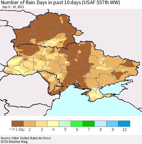 Ukraine, Moldova and Belarus Number of Rain Days in past 10 days (USAF 557th WW) Thematic Map For 9/6/2023 - 9/10/2023