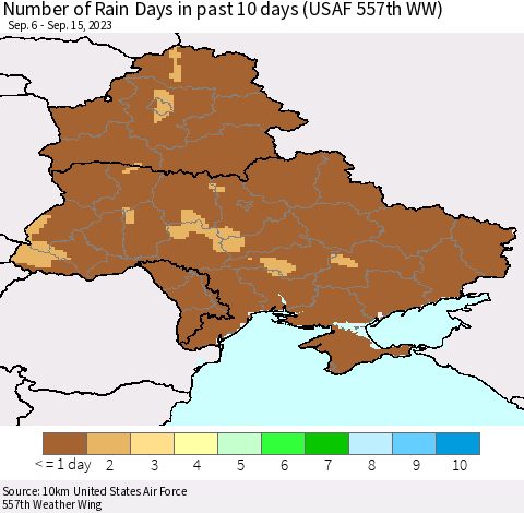 Ukraine, Moldova and Belarus Number of Rain Days in past 10 days (USAF 557th WW) Thematic Map For 9/11/2023 - 9/15/2023