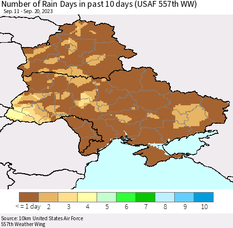 Ukraine, Moldova and Belarus Number of Rain Days in past 10 days (USAF 557th WW) Thematic Map For 9/16/2023 - 9/20/2023