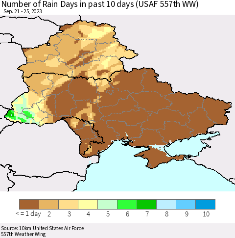 Ukraine, Moldova and Belarus Number of Rain Days in past 10 days (USAF 557th WW) Thematic Map For 9/21/2023 - 9/25/2023