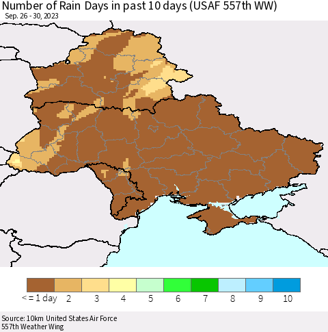 Ukraine, Moldova and Belarus Number of Rain Days in past 10 days (USAF 557th WW) Thematic Map For 9/26/2023 - 9/30/2023