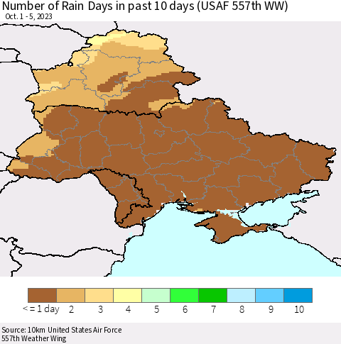 Ukraine, Moldova and Belarus Number of Rain Days in past 10 days (USAF 557th WW) Thematic Map For 10/1/2023 - 10/5/2023