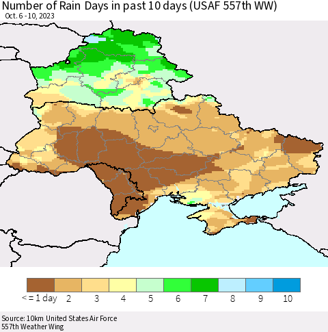 Ukraine, Moldova and Belarus Number of Rain Days in past 10 days (USAF 557th WW) Thematic Map For 10/6/2023 - 10/10/2023