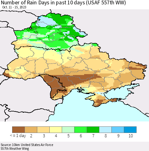 Ukraine, Moldova and Belarus Number of Rain Days in past 10 days (USAF 557th WW) Thematic Map For 10/11/2023 - 10/15/2023