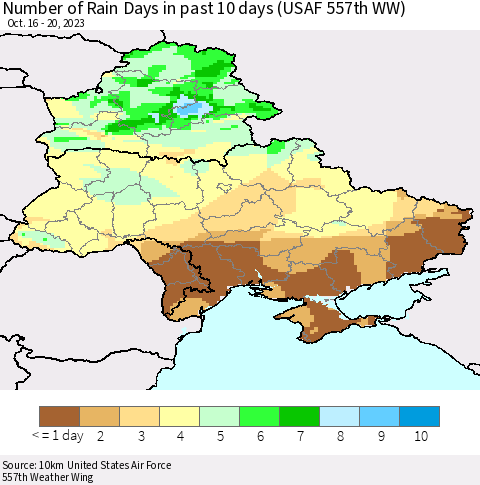Ukraine, Moldova and Belarus Number of Rain Days in past 10 days (USAF 557th WW) Thematic Map For 10/16/2023 - 10/20/2023