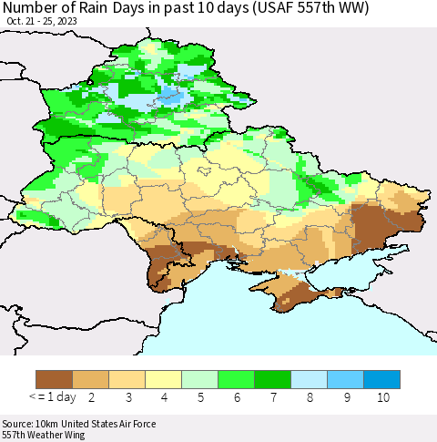 Ukraine, Moldova and Belarus Number of Rain Days in past 10 days (USAF 557th WW) Thematic Map For 10/21/2023 - 10/25/2023