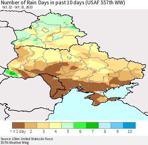 Ukraine, Moldova and Belarus Number of Rain Days in past 10 days (USAF 557th WW) Thematic Map For 10/26/2023 - 10/31/2023