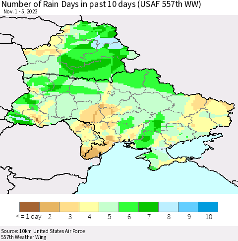 Ukraine, Moldova and Belarus Number of Rain Days in past 10 days (USAF 557th WW) Thematic Map For 11/1/2023 - 11/5/2023