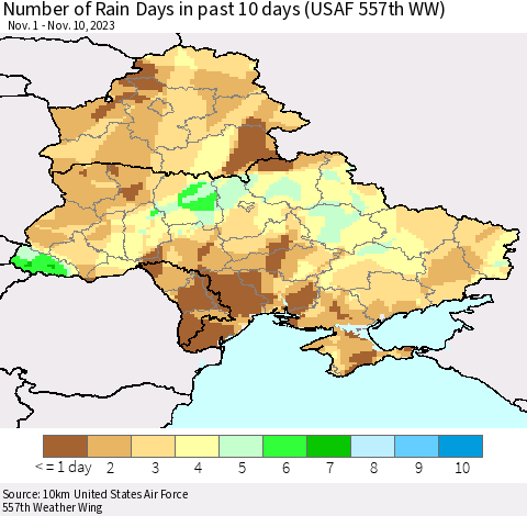 Ukraine, Moldova and Belarus Number of Rain Days in past 10 days (USAF 557th WW) Thematic Map For 11/6/2023 - 11/10/2023