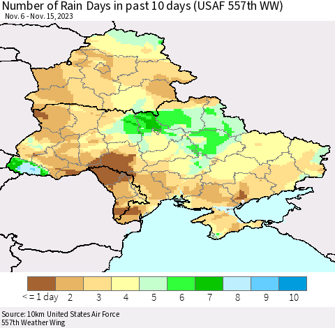 Ukraine, Moldova and Belarus Number of Rain Days in past 10 days (USAF 557th WW) Thematic Map For 11/11/2023 - 11/15/2023