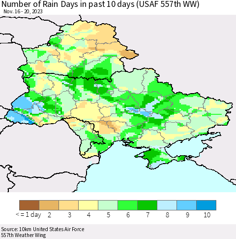 Ukraine, Moldova and Belarus Number of Rain Days in past 10 days (USAF 557th WW) Thematic Map For 11/16/2023 - 11/20/2023