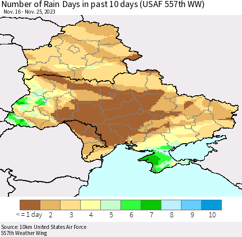 Ukraine, Moldova and Belarus Number of Rain Days in past 10 days (USAF 557th WW) Thematic Map For 11/21/2023 - 11/25/2023