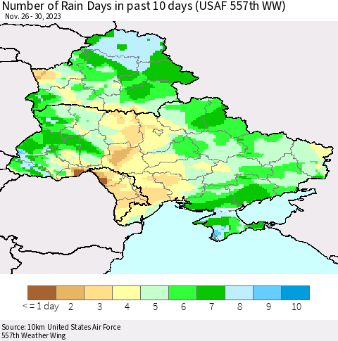 Ukraine, Moldova and Belarus Number of Rain Days in past 10 days (USAF 557th WW) Thematic Map For 11/26/2023 - 11/30/2023