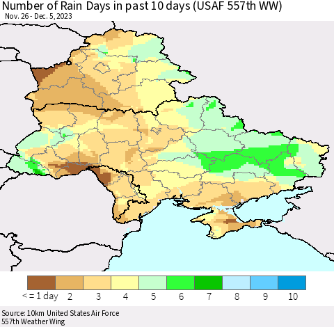 Ukraine, Moldova and Belarus Number of Rain Days in past 10 days (USAF 557th WW) Thematic Map For 12/1/2023 - 12/5/2023