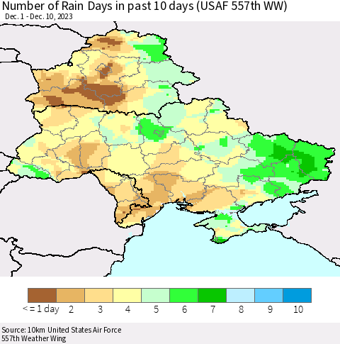 Ukraine, Moldova and Belarus Number of Rain Days in past 10 days (USAF 557th WW) Thematic Map For 12/6/2023 - 12/10/2023