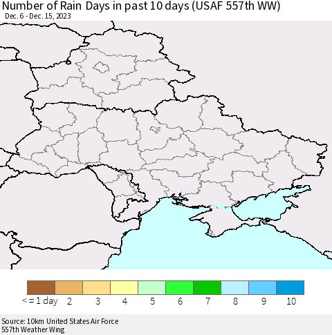 Ukraine, Moldova and Belarus Number of Rain Days in past 10 days (USAF 557th WW) Thematic Map For 12/11/2023 - 12/15/2023