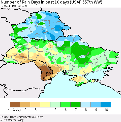 Ukraine, Moldova and Belarus Number of Rain Days in past 10 days (USAF 557th WW) Thematic Map For 12/16/2023 - 12/20/2023