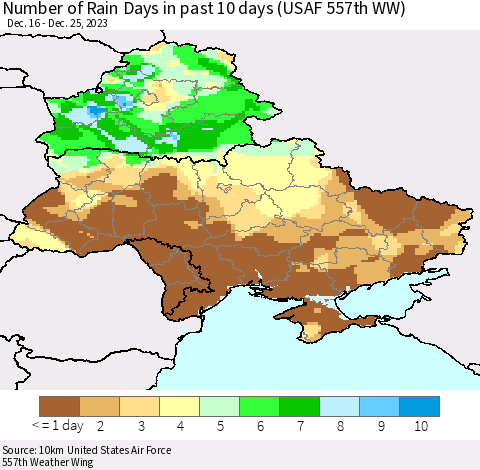 Ukraine, Moldova and Belarus Number of Rain Days in past 10 days (USAF 557th WW) Thematic Map For 12/21/2023 - 12/25/2023