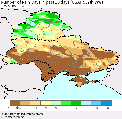 Ukraine, Moldova and Belarus Number of Rain Days in past 10 days (USAF 557th WW) Thematic Map For 12/26/2023 - 12/31/2023