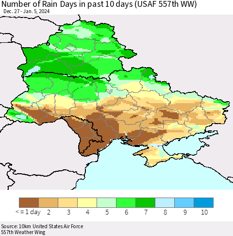 Ukraine, Moldova and Belarus Number of Rain Days in past 10 days (USAF 557th WW) Thematic Map For 1/1/2024 - 1/5/2024