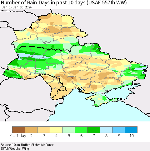 Ukraine, Moldova and Belarus Number of Rain Days in past 10 days (USAF 557th WW) Thematic Map For 1/6/2024 - 1/10/2024