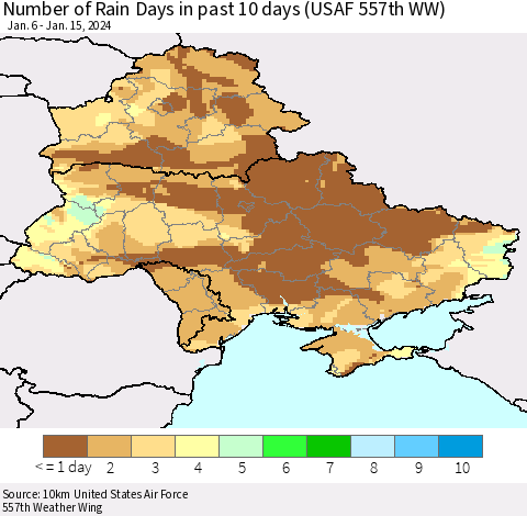 Ukraine, Moldova and Belarus Number of Rain Days in past 10 days (USAF 557th WW) Thematic Map For 1/11/2024 - 1/15/2024