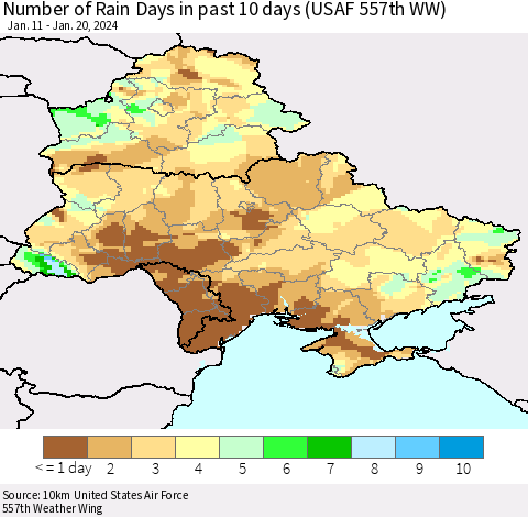 Ukraine, Moldova and Belarus Number of Rain Days in past 10 days (USAF 557th WW) Thematic Map For 1/16/2024 - 1/20/2024