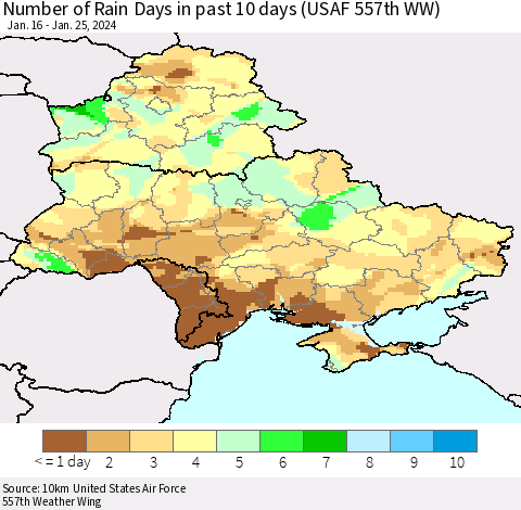 Ukraine, Moldova and Belarus Number of Rain Days in past 10 days (USAF 557th WW) Thematic Map For 1/21/2024 - 1/25/2024