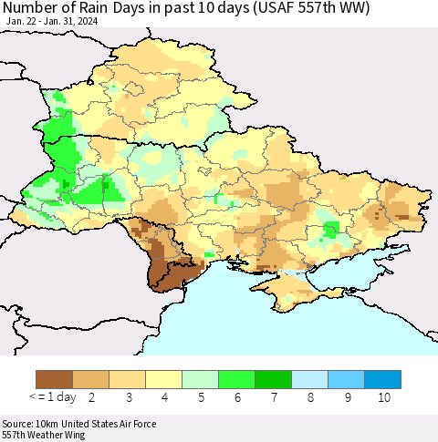 Ukraine, Moldova and Belarus Number of Rain Days in past 10 days (USAF 557th WW) Thematic Map For 1/26/2024 - 1/31/2024
