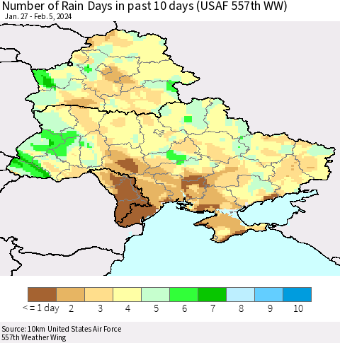Ukraine, Moldova and Belarus Number of Rain Days in past 10 days (USAF 557th WW) Thematic Map For 2/1/2024 - 2/5/2024