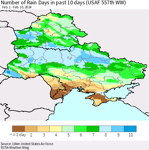 Ukraine, Moldova and Belarus Number of Rain Days in past 10 days (USAF 557th WW) Thematic Map For 2/6/2024 - 2/10/2024
