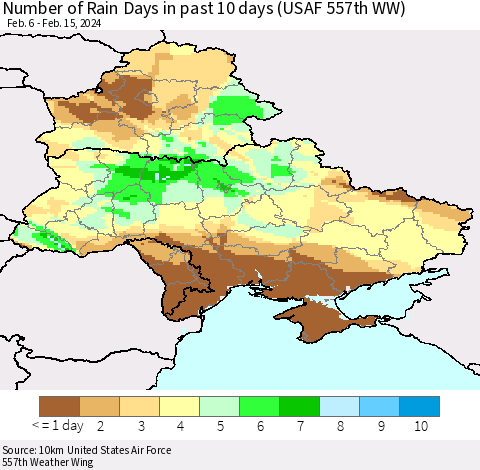 Ukraine, Moldova and Belarus Number of Rain Days in past 10 days (USAF 557th WW) Thematic Map For 2/11/2024 - 2/15/2024