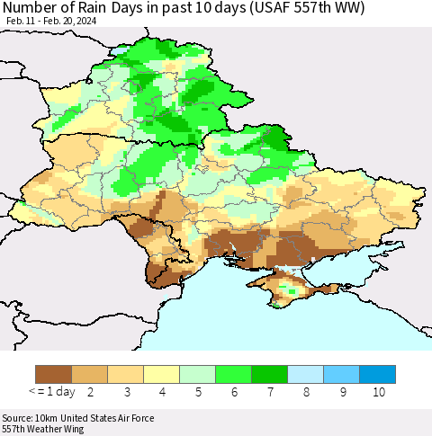 Ukraine, Moldova and Belarus Number of Rain Days in past 10 days (USAF 557th WW) Thematic Map For 2/16/2024 - 2/20/2024