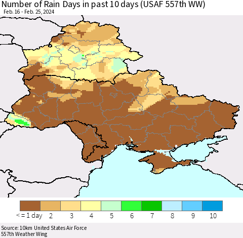 Ukraine, Moldova and Belarus Number of Rain Days in past 10 days (USAF 557th WW) Thematic Map For 2/21/2024 - 2/25/2024