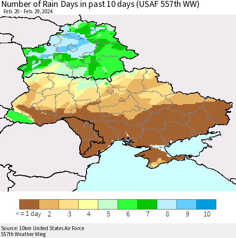 Ukraine, Moldova and Belarus Number of Rain Days in past 10 days (USAF 557th WW) Thematic Map For 2/26/2024 - 2/29/2024