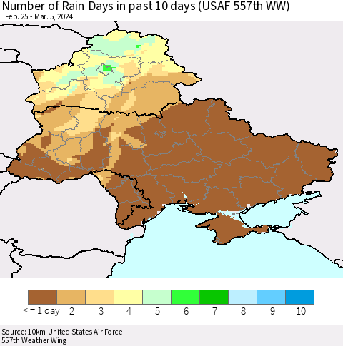 Ukraine, Moldova and Belarus Number of Rain Days in past 10 days (USAF 557th WW) Thematic Map For 3/1/2024 - 3/5/2024
