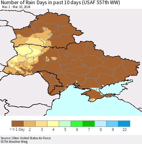 Ukraine, Moldova and Belarus Number of Rain Days in past 10 days (USAF 557th WW) Thematic Map For 3/6/2024 - 3/10/2024
