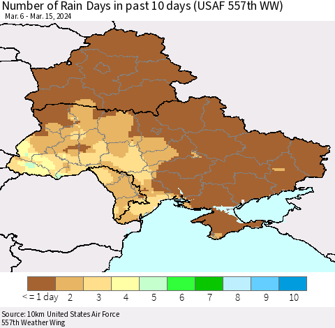 Ukraine, Moldova and Belarus Number of Rain Days in past 10 days (USAF 557th WW) Thematic Map For 3/11/2024 - 3/15/2024