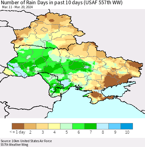 Ukraine, Moldova and Belarus Number of Rain Days in past 10 days (USAF 557th WW) Thematic Map For 3/16/2024 - 3/20/2024