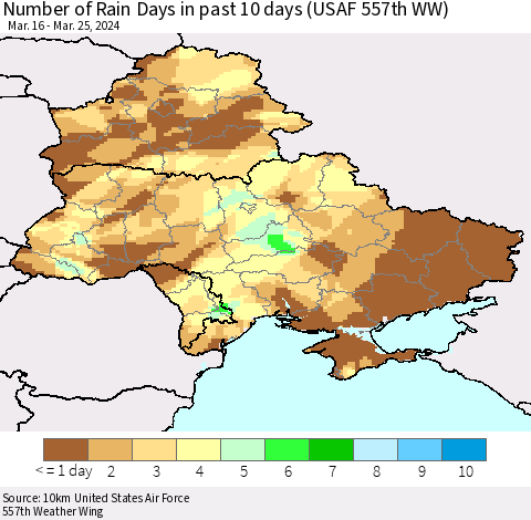 Ukraine, Moldova and Belarus Number of Rain Days in past 10 days (USAF 557th WW) Thematic Map For 3/21/2024 - 3/25/2024
