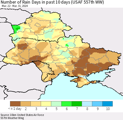 Ukraine, Moldova and Belarus Number of Rain Days in past 10 days (USAF 557th WW) Thematic Map For 3/26/2024 - 3/31/2024