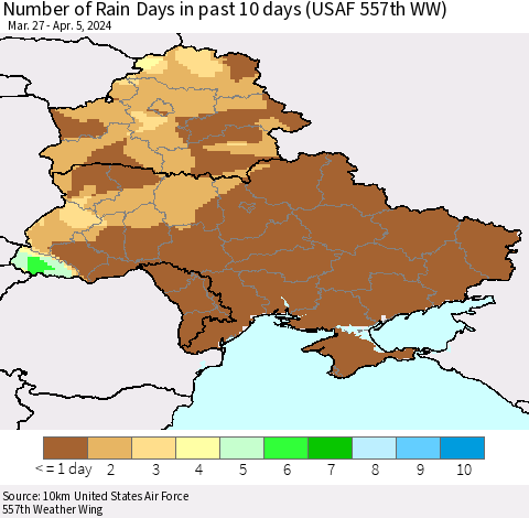 Ukraine, Moldova and Belarus Number of Rain Days in past 10 days (USAF 557th WW) Thematic Map For 4/1/2024 - 4/5/2024