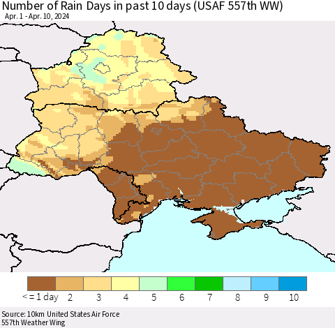 Ukraine, Moldova and Belarus Number of Rain Days in past 10 days (USAF 557th WW) Thematic Map For 4/6/2024 - 4/10/2024