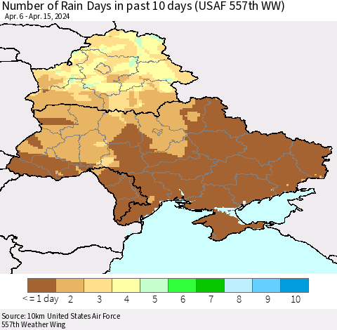 Ukraine, Moldova and Belarus Number of Rain Days in past 10 days (USAF 557th WW) Thematic Map For 4/11/2024 - 4/15/2024