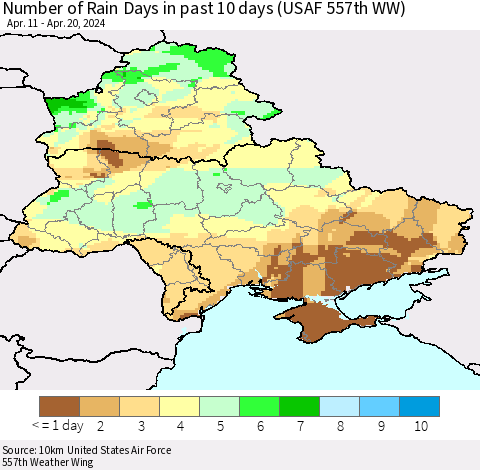 Ukraine, Moldova and Belarus Number of Rain Days in past 10 days (USAF 557th WW) Thematic Map For 4/16/2024 - 4/20/2024