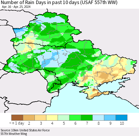 Ukraine, Moldova and Belarus Number of Rain Days in past 10 days (USAF 557th WW) Thematic Map For 4/21/2024 - 4/25/2024